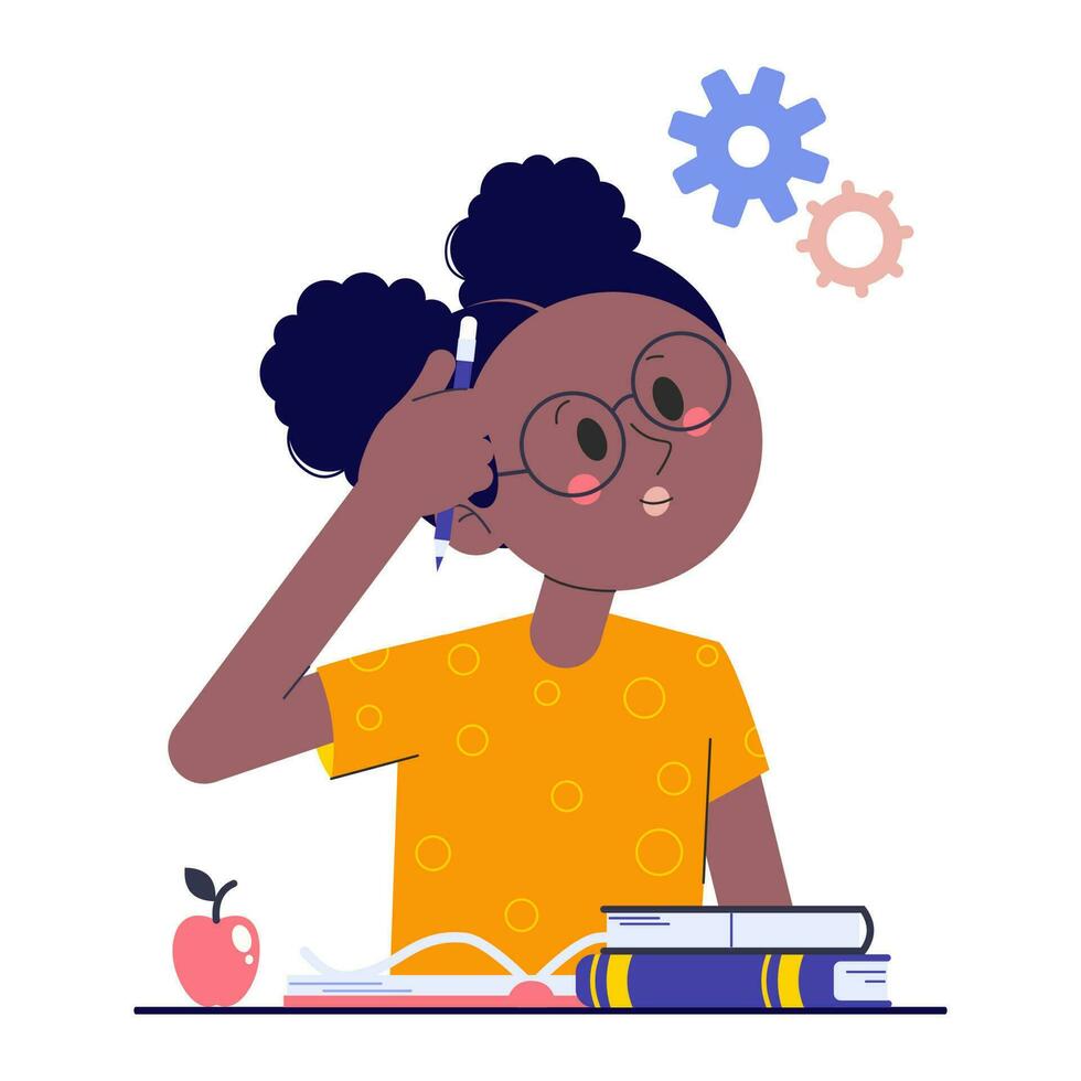 Girl on school exam. Kid study and think about test or homework in class. Pupil confused how to do survay on blank. Vector illustration about child education