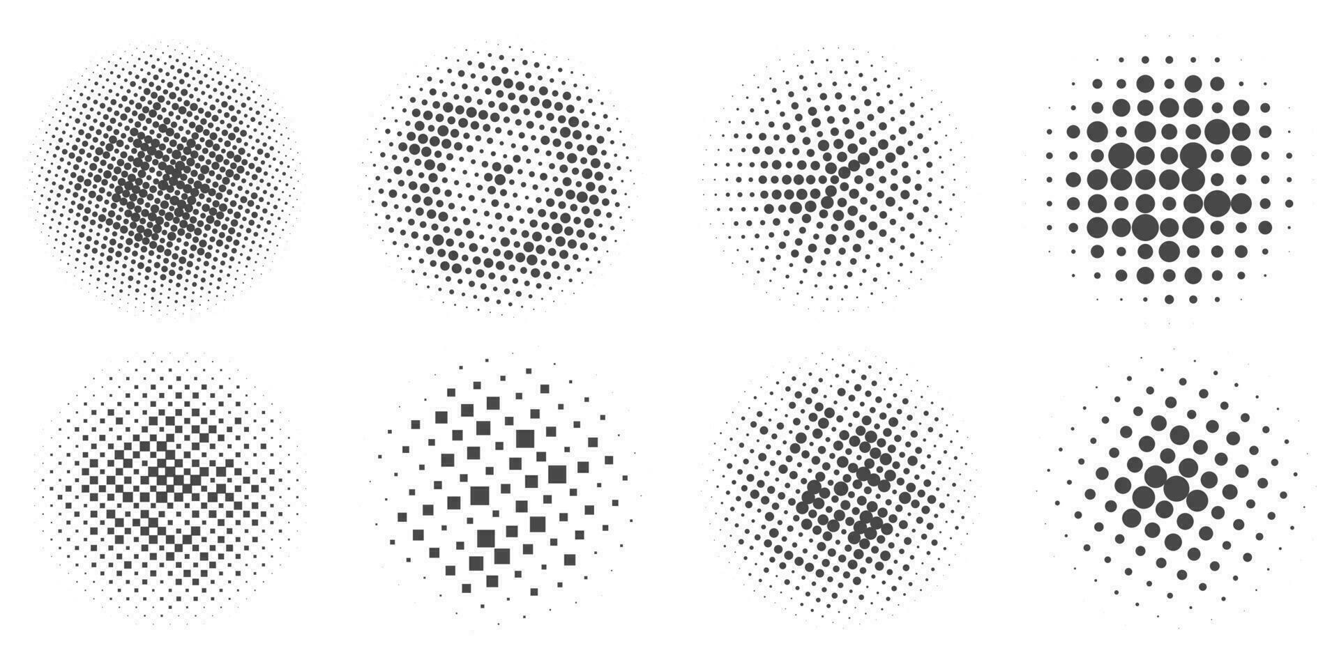 Circle dots with halftone pattern. Round gradient background. Elements with gradation points texture. Abstract geometric shapes. Vector set