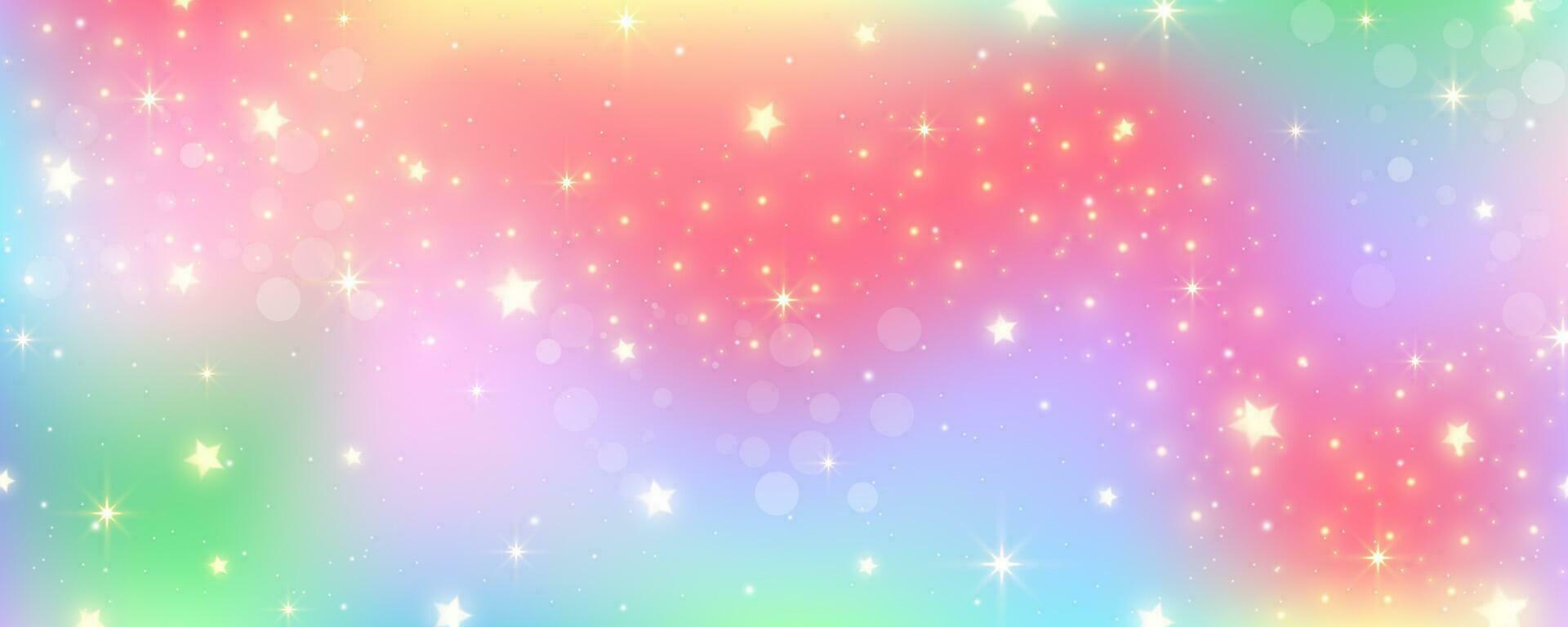 Rainbow pastel background with stars. Unicorn glitter galaxy. Abstract fantasy space. Holographic iridescent design with sparkles. Vector cosmic bg.