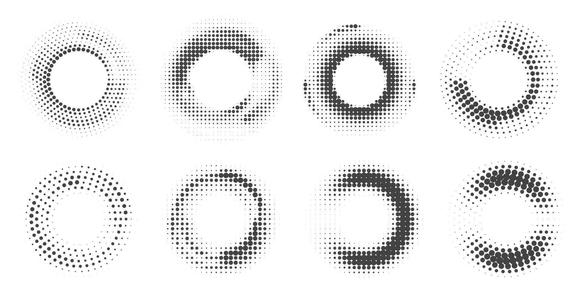 Dotted circle pattern. Abstract halftone round. Vector frame with random gradient gradation. Grunge rings design on white background.