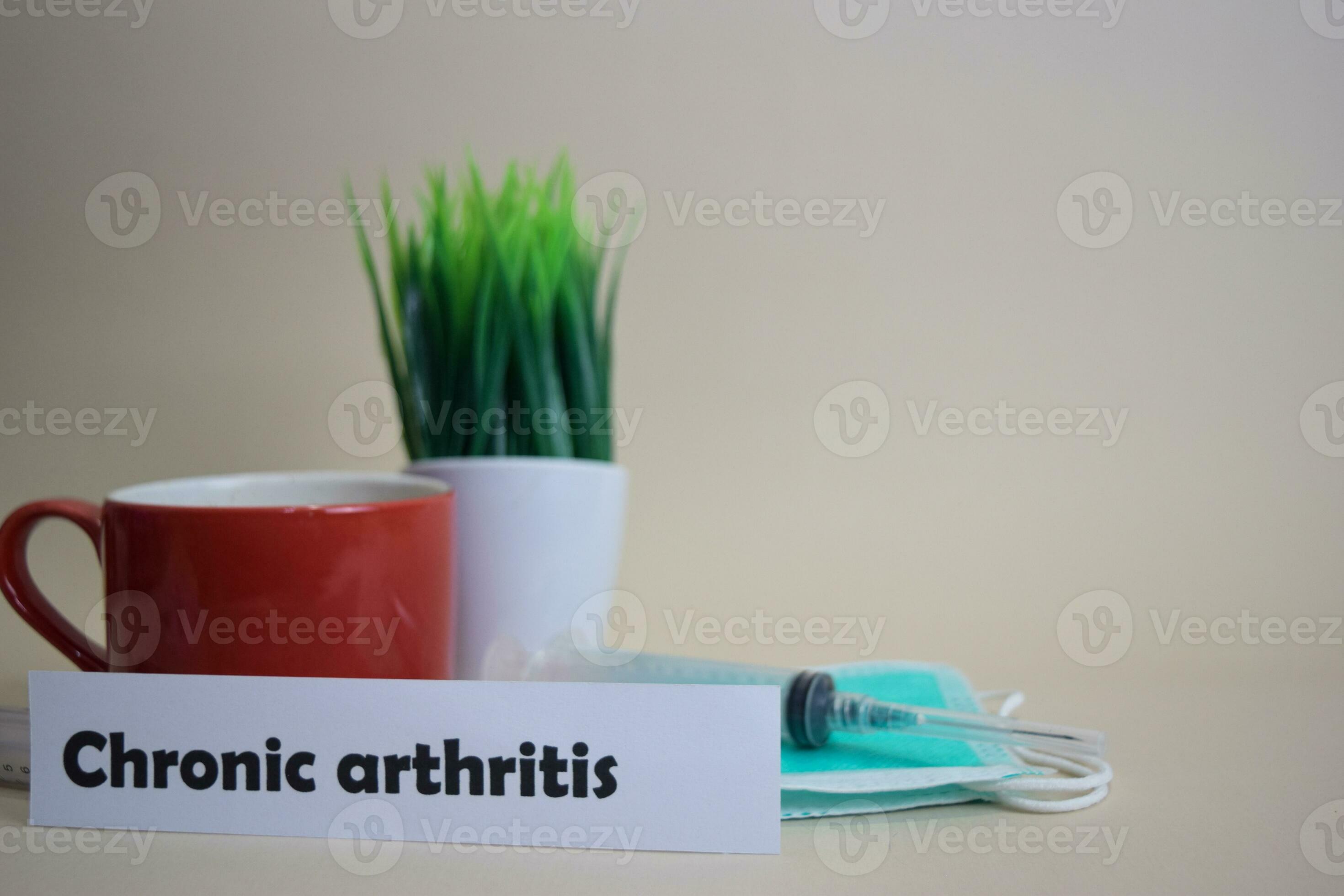 Chronic arthritis text, grass pot, coffee cup, syringe, and face green