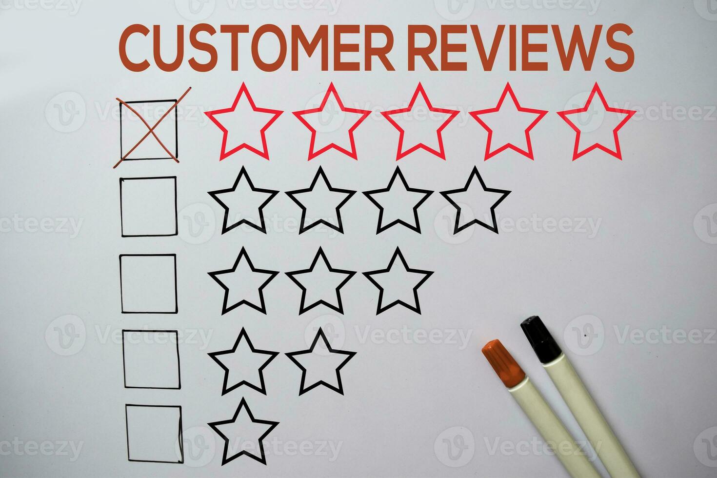 Customer Reviews Give Rating Five Stars text isolated on white board background. photo
