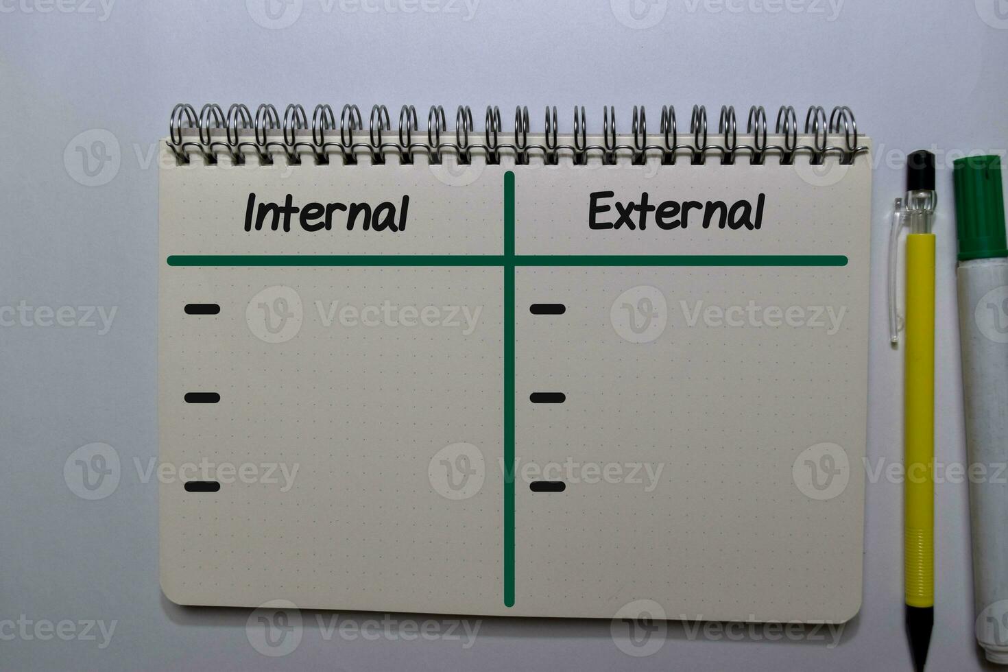 Internal or External write on a book isolated on Office Desk photo