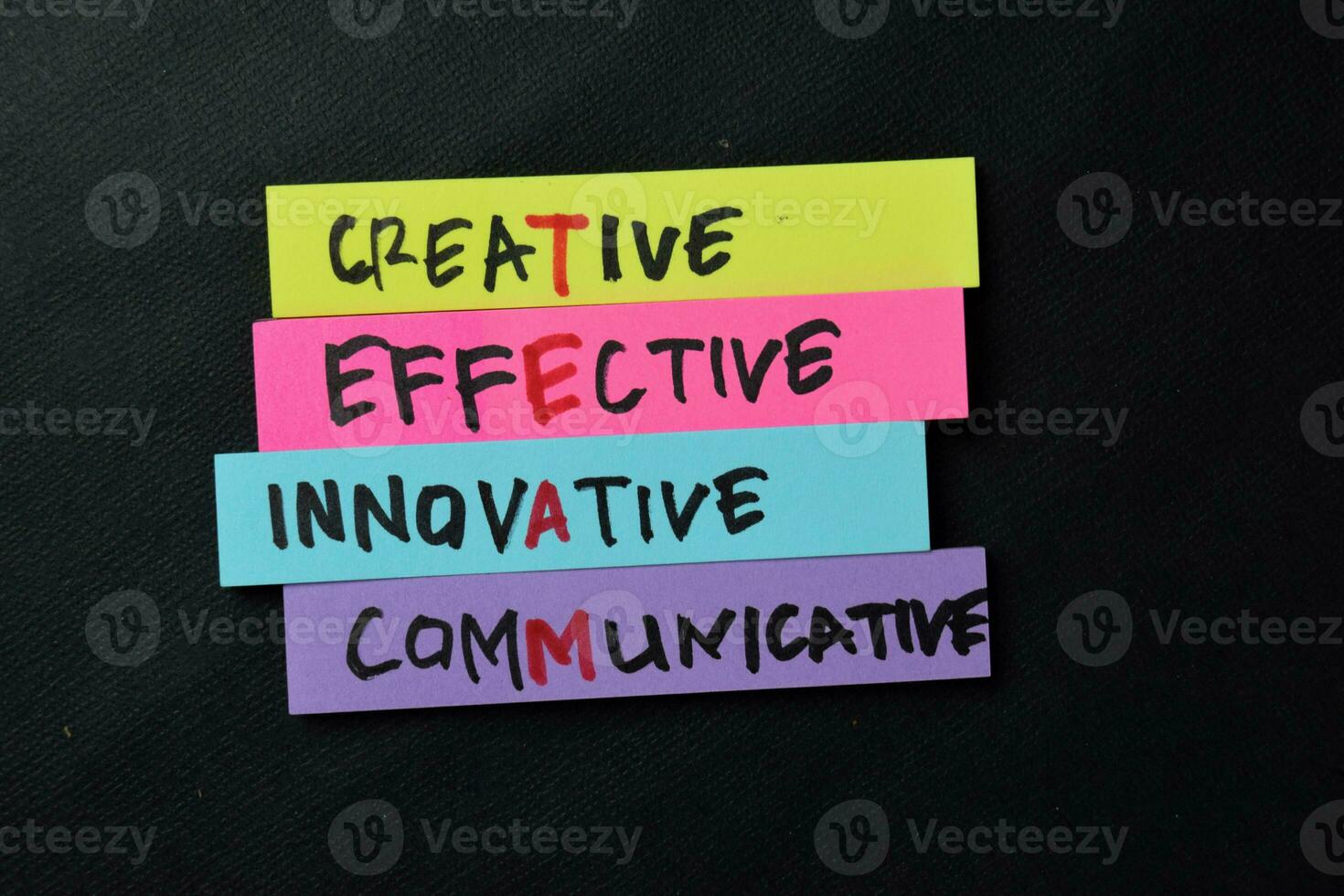 TEAM - Creative Effective Innovative Communicative write on sticky notes isolated on office desk. photo