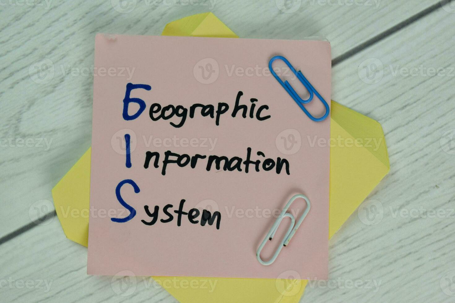 GIS - Geographic Information System write on a book isolated on Wooden Table. photo