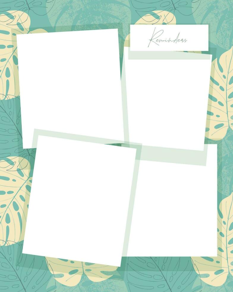 Reminders collage vintage decoupage scrapbooking on monstera leaves pattern, notes. vector