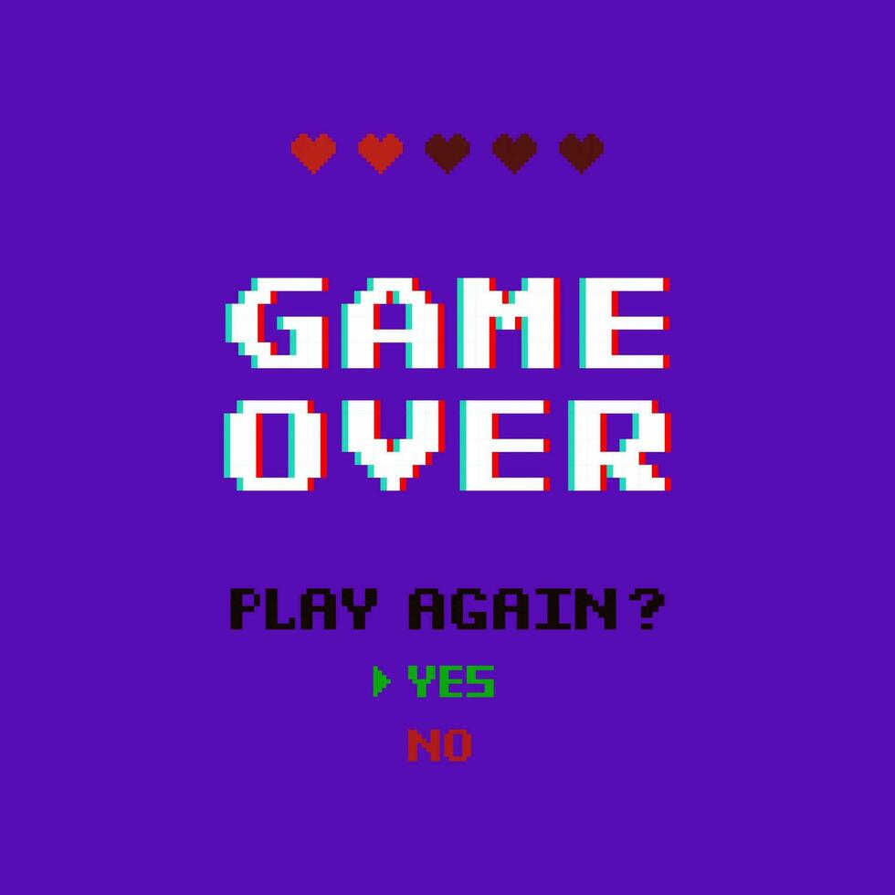 Game over glitch pixel, play again with choice yes no vector