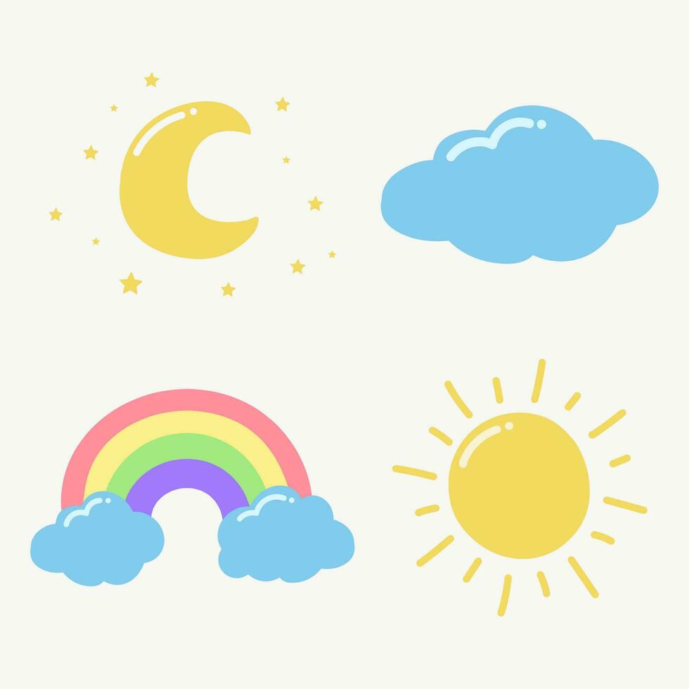 el colección de el cielo mano dibujado, Luna con estrellas, nube, sol, arco iris linda conjunto vector