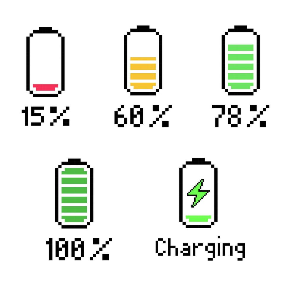 Pixelated Battery charge level set, vertical battery level indicators in percentage vector