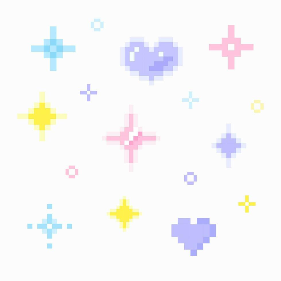 Sparkling pixel set, vector sparkling pixel set, pastel heart pixel art, Bright yellow pink purple blue sparkling pixel