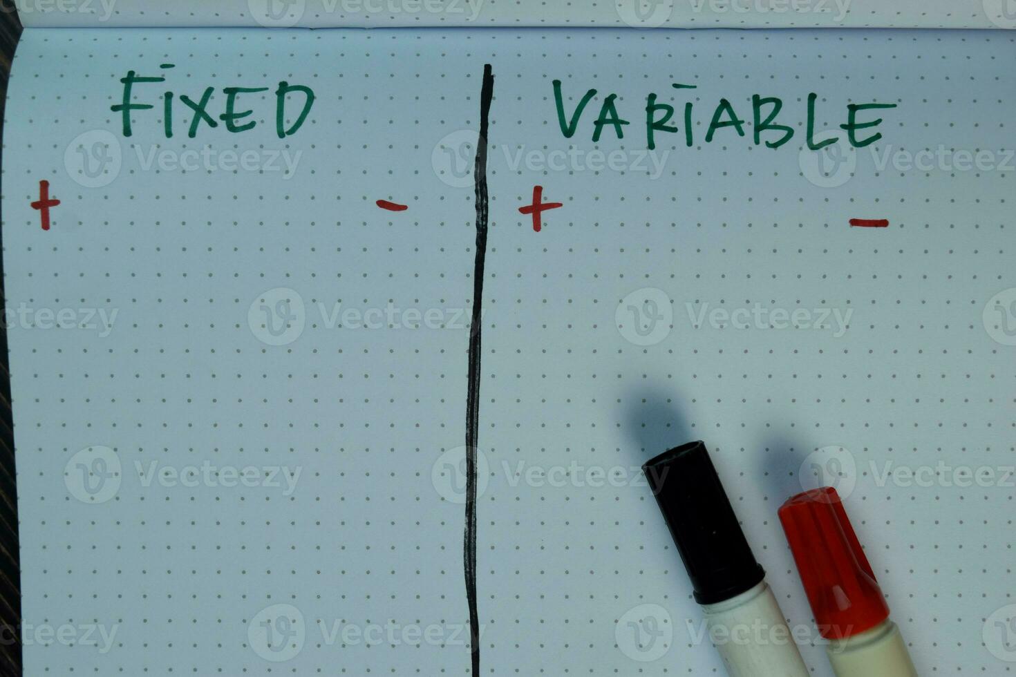 Fixed and Variable write on a book isolated on Wooden Table. photo