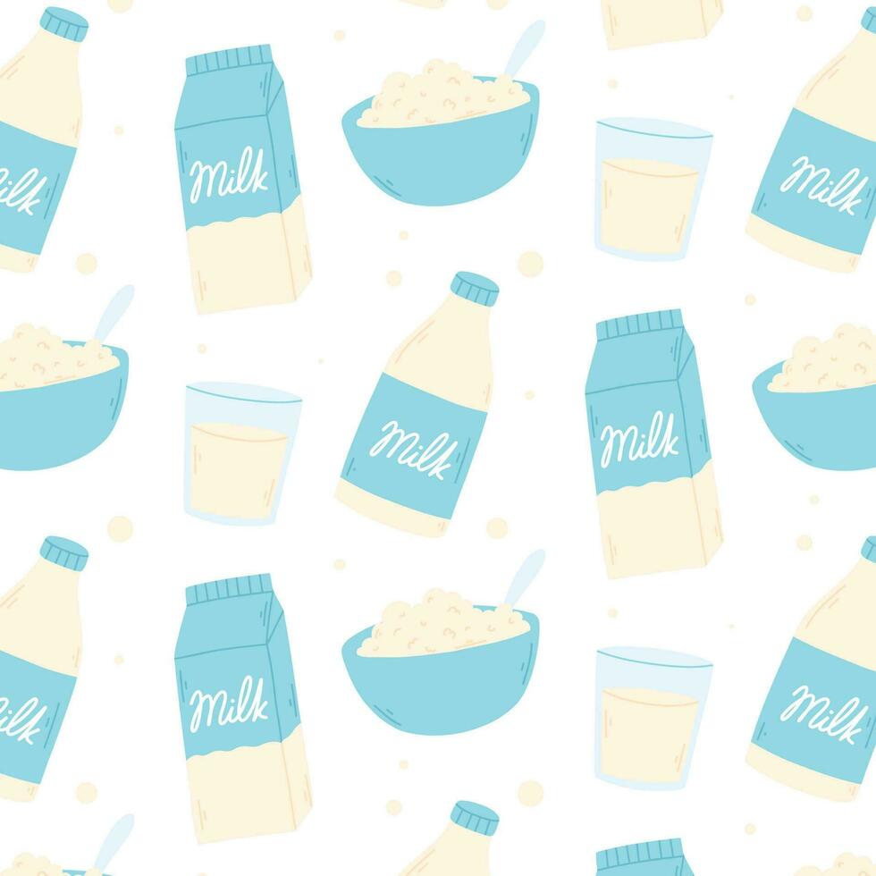 Seamless pattern with bottles and packages of milk. Vector illustration. Dairy print. Flat style.