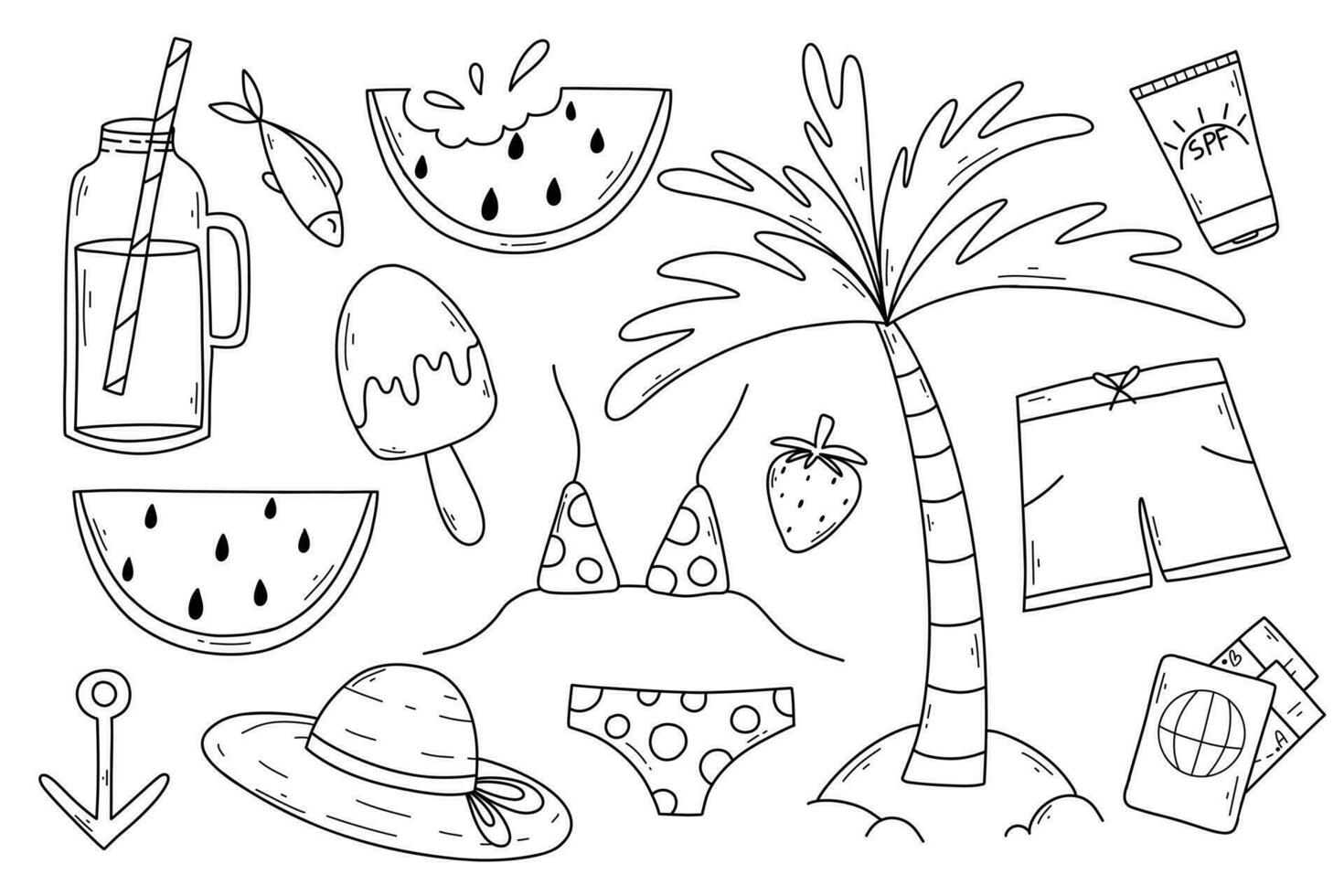 Set of summer elements in doodle style. Vector illustration. Linear collection with swimwear, swimming trunks, passport, cream, palm. Vacation items collection.