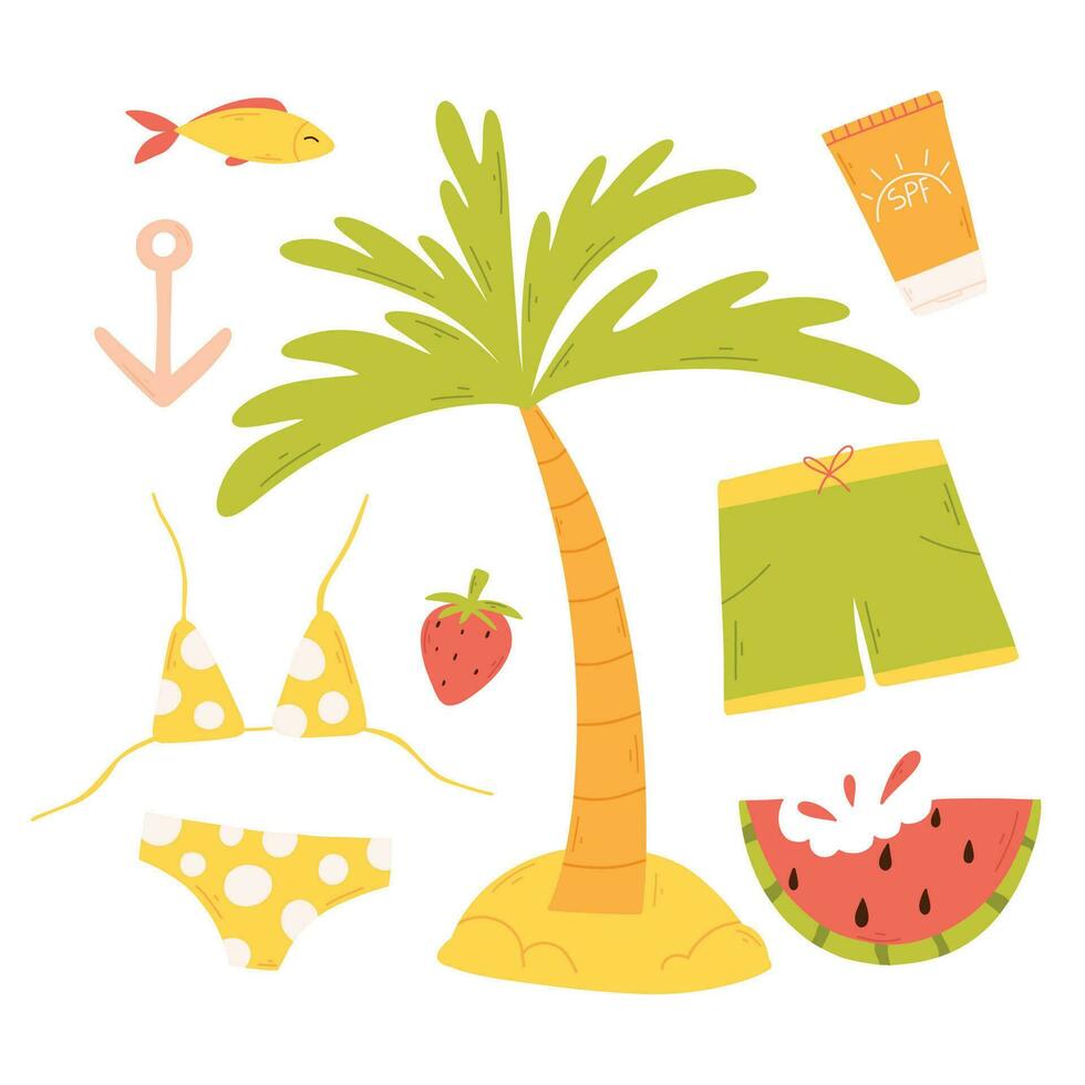 Set of summer elements in flat style. Vector illustration. Hand drawn collection with swimwear, swimming trunks, cream, palm. Vacation items collection.