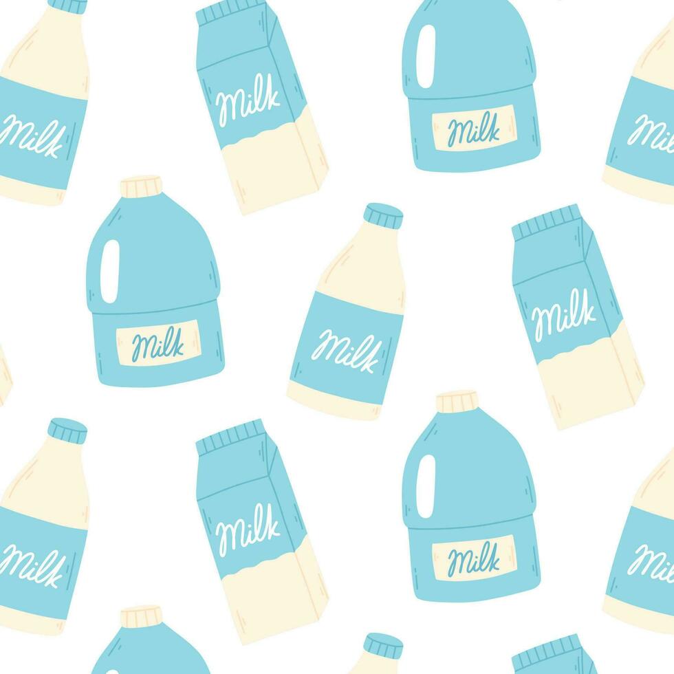 Seamless pattern with bottles and packages of milk. Vector illustration. Dairy print. Flat style.