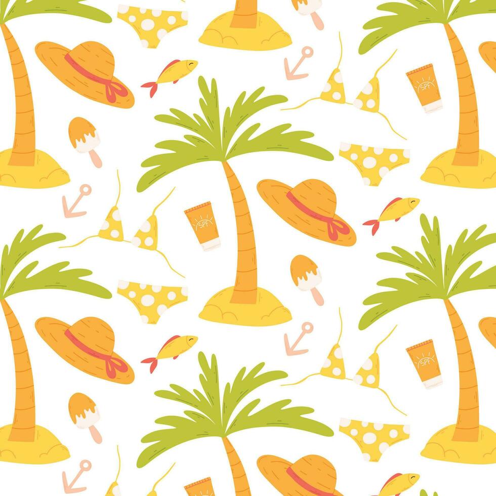Seamless pattern with swimsuit, hat, cream. Summer pattern in flat style. Hand drawn summer print. Vector illustration.