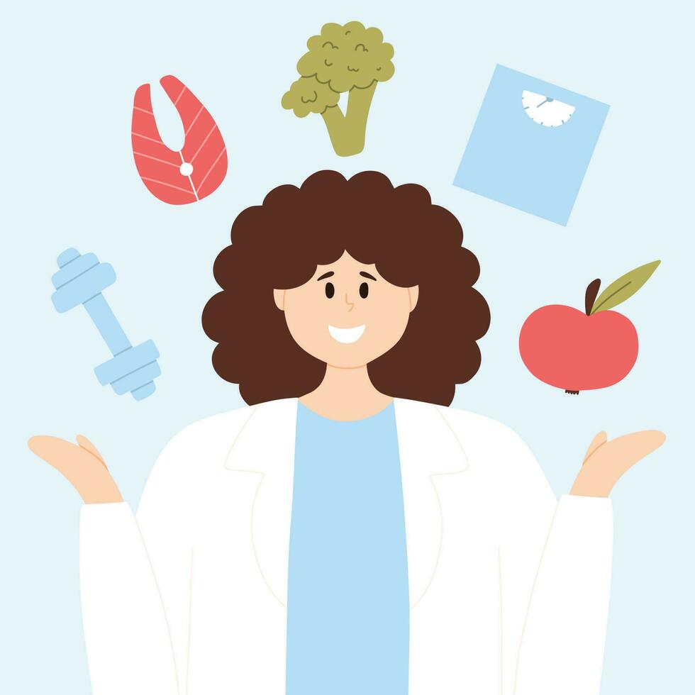 Family Dietitian. Vector illustration. Flat style. Nutritionist doctor concept. Doctor consultation. Healthy food. Diet plan.
