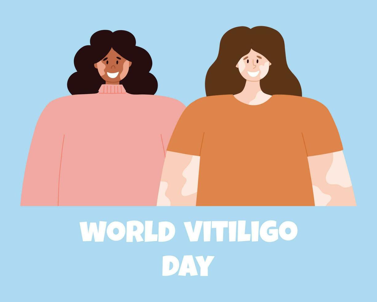 A women with vitiligo skin disease accepts her appearance, loves herself. World Vitiligo Day. vector illustration. Poster with a happy girl with vitiligo.