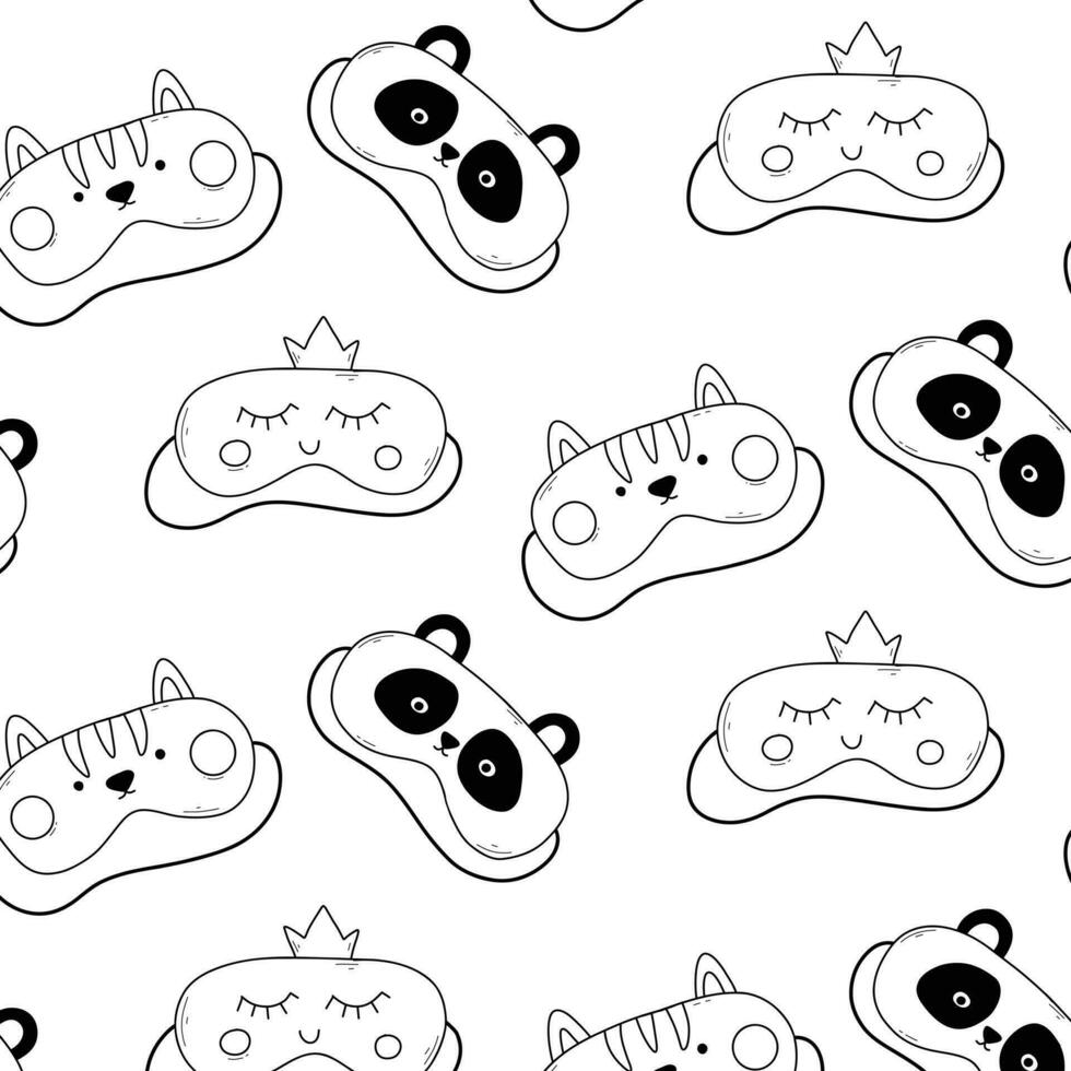 Sleep masks seamless pattern. Doodle style. Vector illustration. Printed with cute sleep masks. Sleep mask with panda, cat and princess.