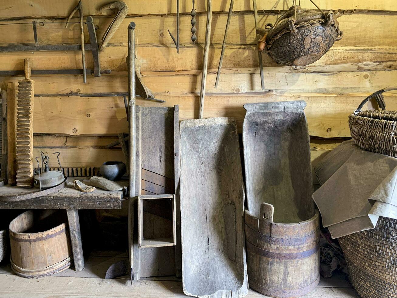 Antique wooden household items. Studio Photo