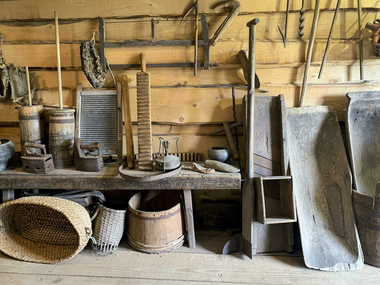 Antique wooden household items. Studio Photo