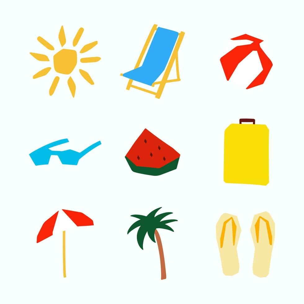 Set summer vacation symbol illustration in cutting style sun palm umbrella vector