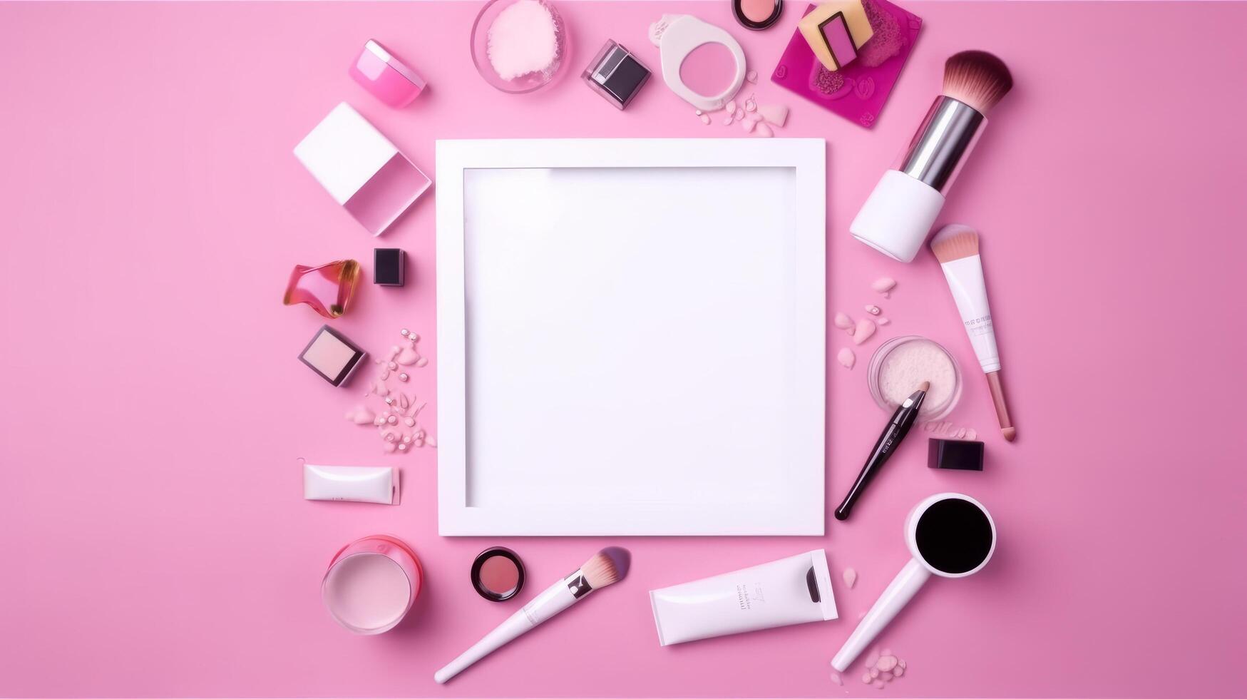 Empty frame with makeup tools. Illustration photo