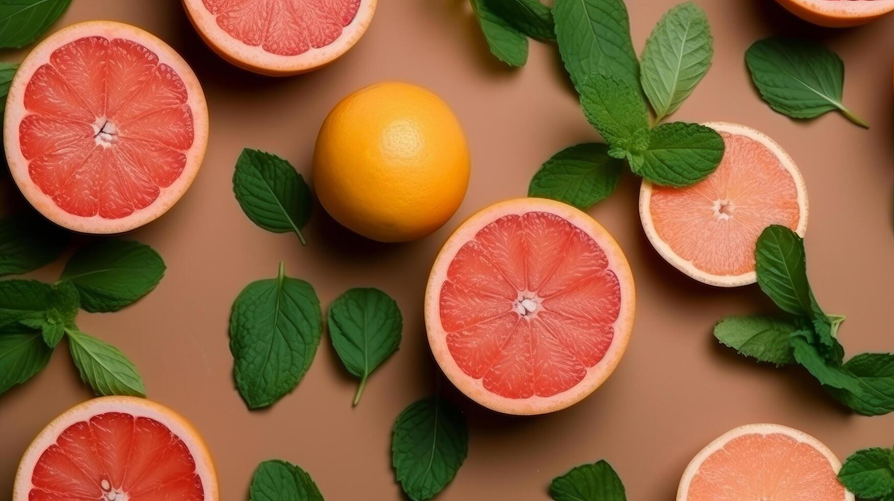 Fresh grapefruits and mints overhead view - flat lay Illustration photo