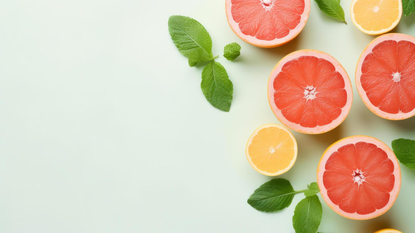 Fresh grapefruits and mints overhead view - flat lay Illustration photo