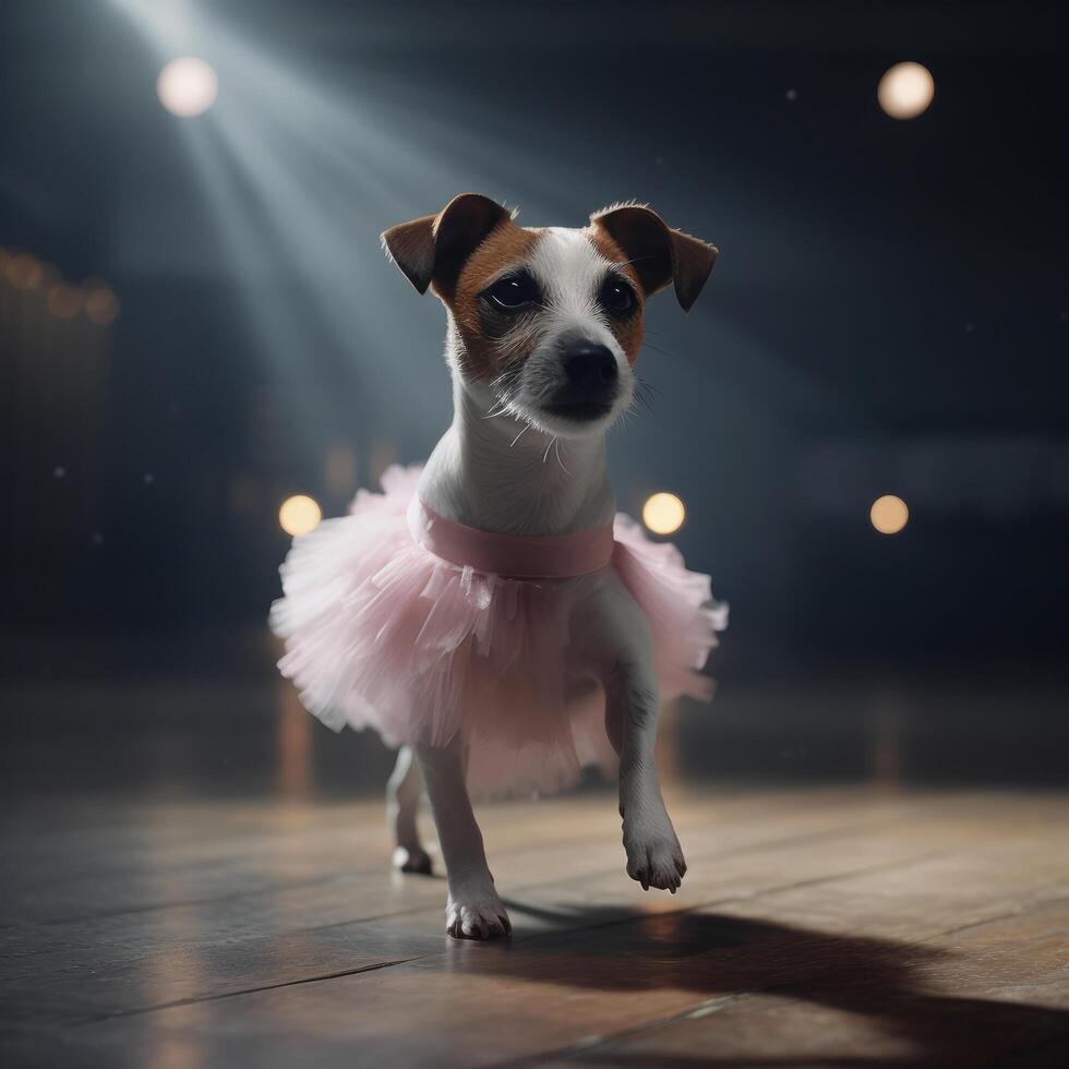 Jack Russell perro en un ligero rosado ballet falda es bailando me gusta un bailarina, ilustración ai generativo foto