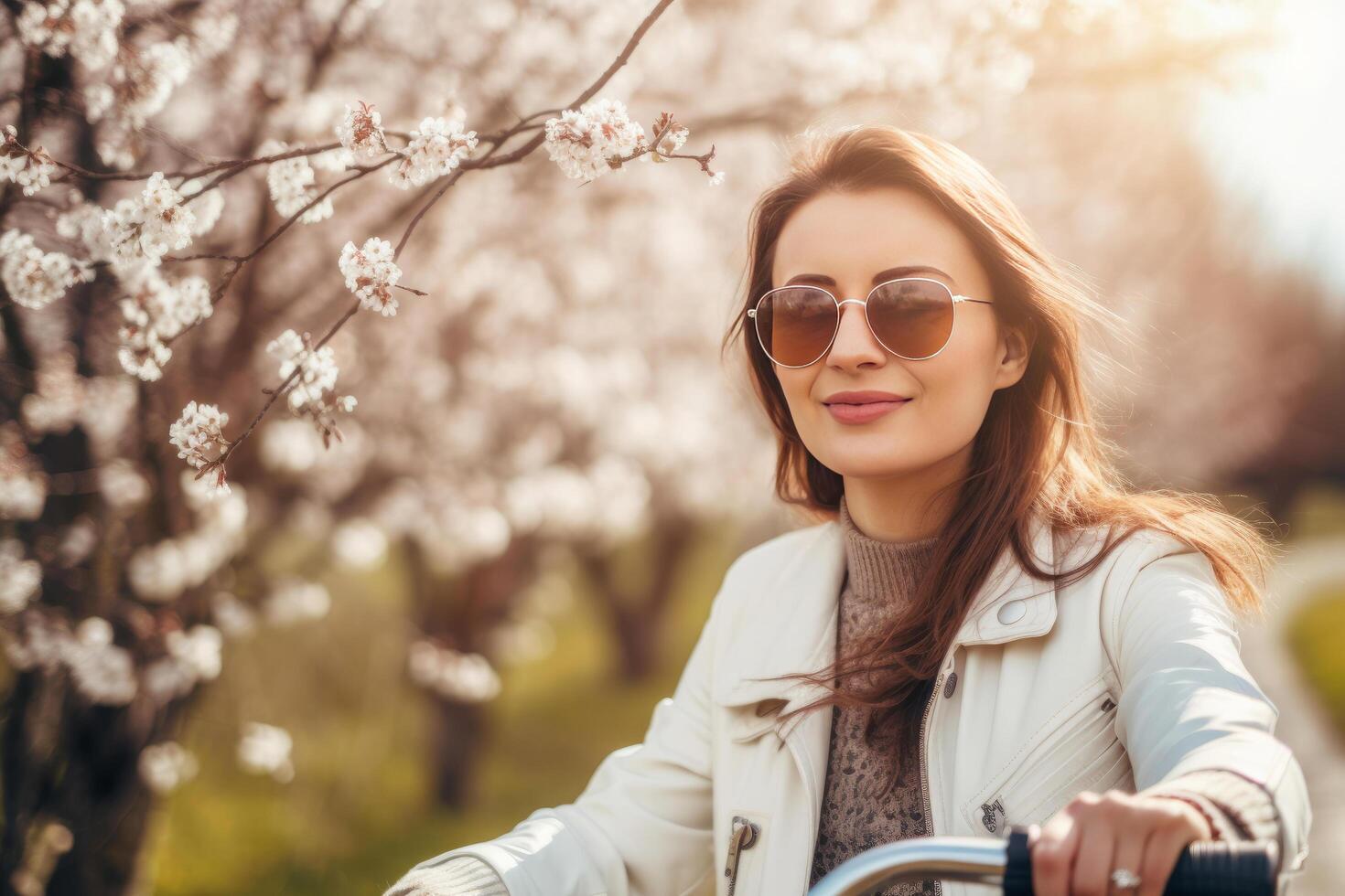 Girl rides bicycle in sakura park. Illustration photo