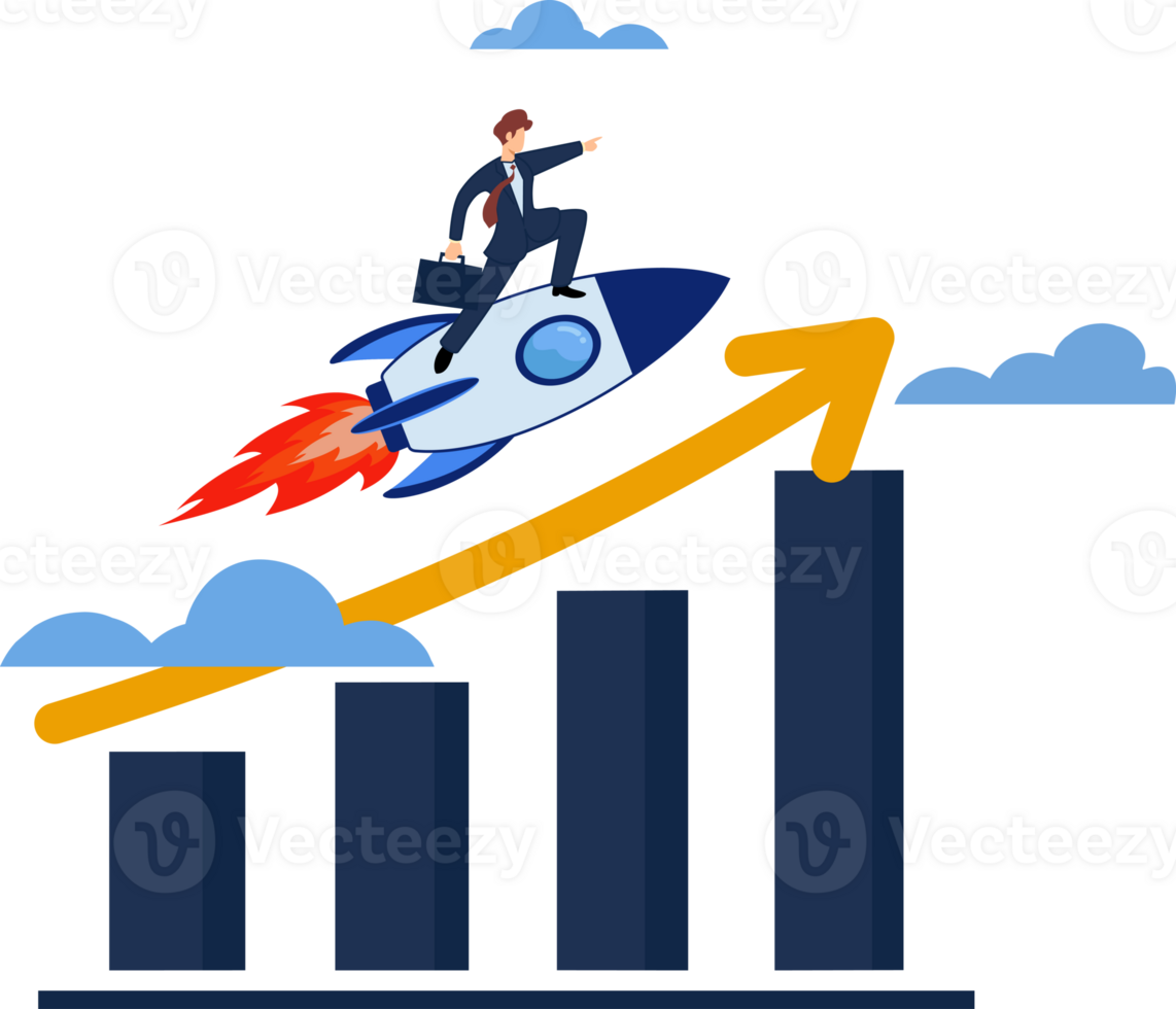 bedrijf groei. investering winst. toenemen groeien. zakenman Aan raket png