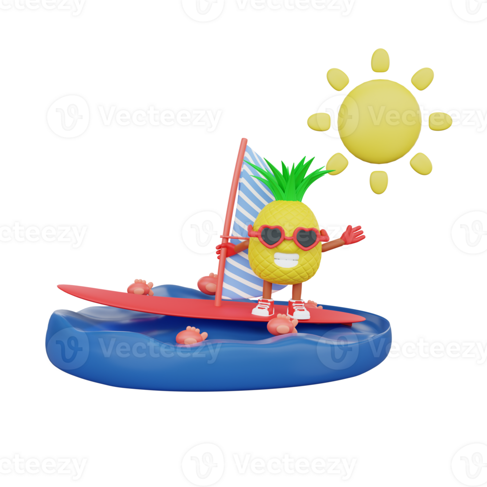 3D render design of a cute pineapple character for summer vacation png