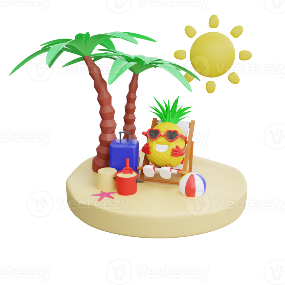 3D render design of a cute pineapple character for summer vacation png