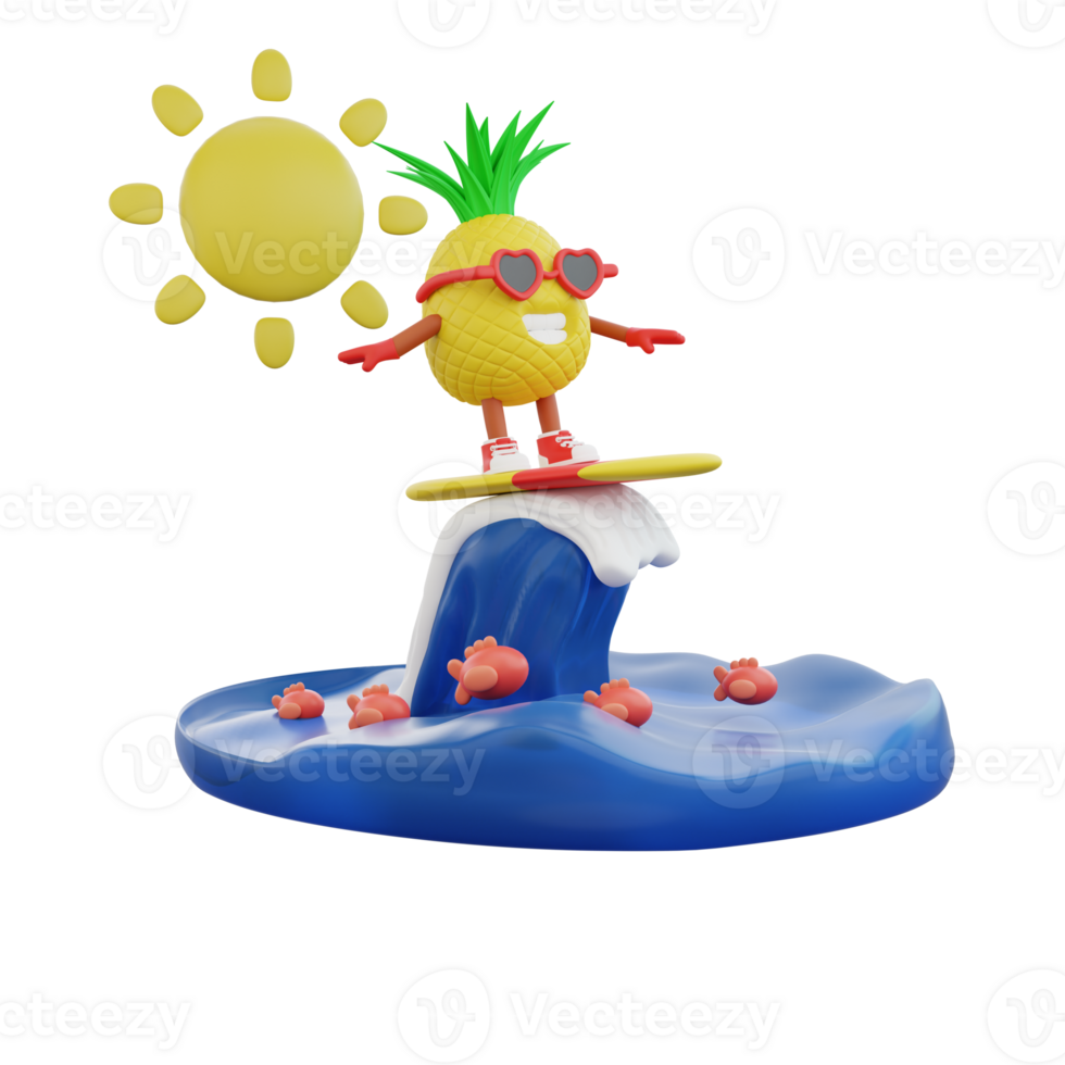 3D render design of a cute pineapple character for summer vacation png