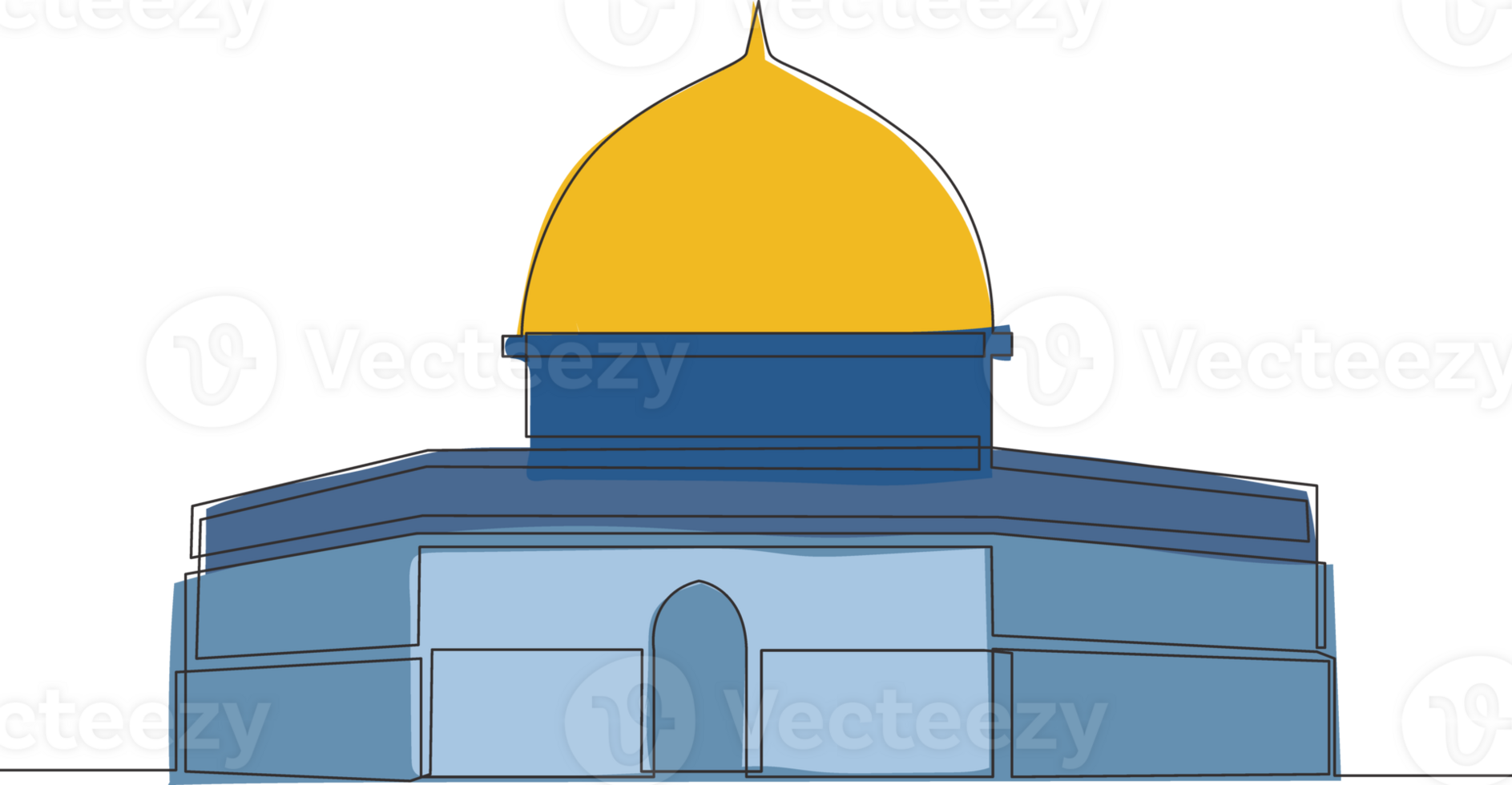 One continuous line drawing of Islamic historical landmark masjid or mosque Dome of the Rock. The ancient building that use as a place of worship for muslim single line draw design illustration png