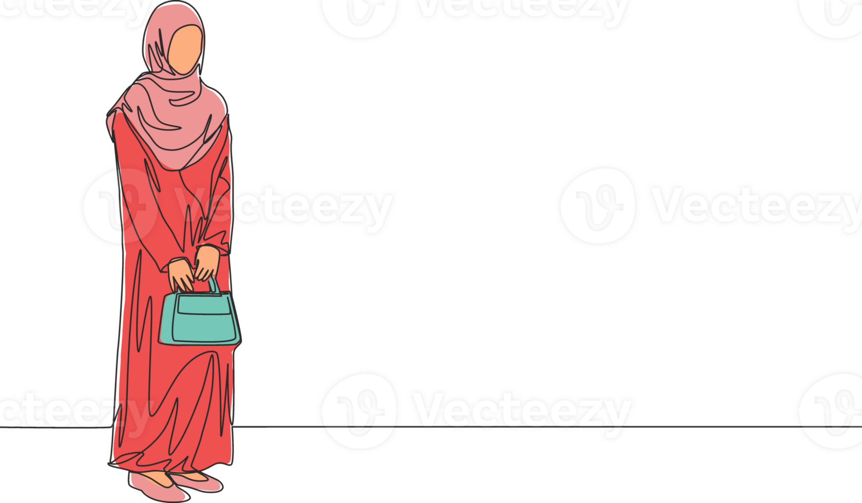 One continuous line drawing of young attractive muslimah with traditional Arab cloth holding bag. Beauty Asian woman model in trendy hijab fashion concept. Single line draw design illustration png