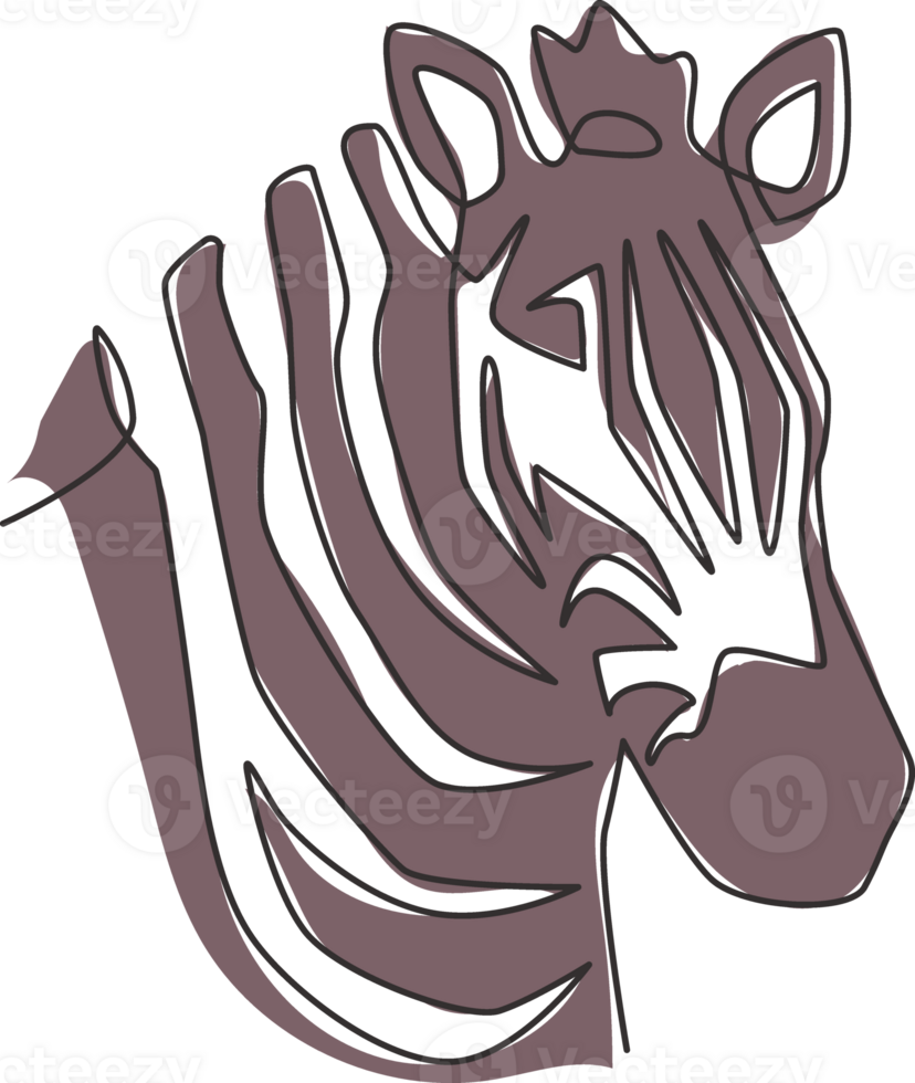 One continuous line drawing of zebra head for zoo safari national park logo identity. Typical horse from Africa with stripes concept for company mascot. Modern single line draw design illustration png