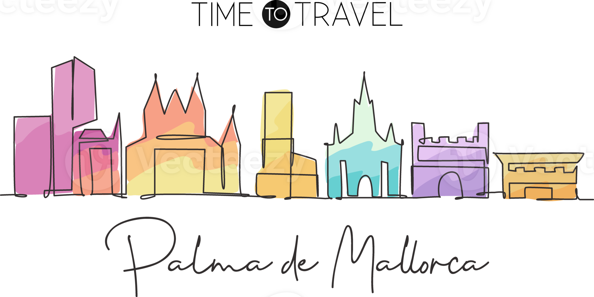 Single continuous line drawing of Palma de Mallorca city skyline. Famous skyscraper landscape postcard. World travel wall decor poster print concept. Modern one line draw design illustration png