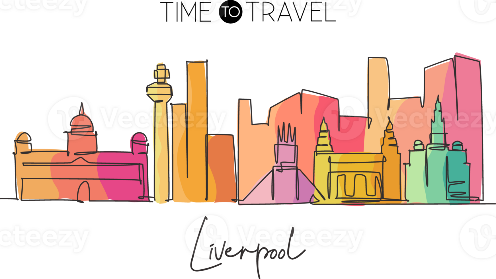 One continuous line drawing Liverpool city skyline. Beautiful Merseyside city skyscraper. World landscape tourism travel vacation home wall decor concept. Single line draw design illustration png