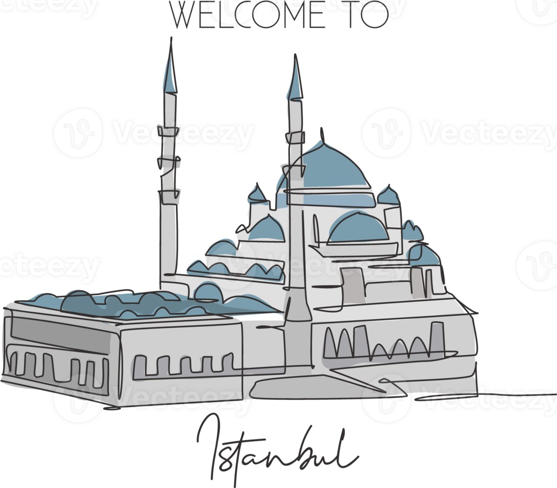 One single line drawing New Mosque landmark. World famous iconic cityscape in Istanbul Turkey. Tourism travel postcard wall decor poster concept. Modern continuous line draw design illustration png