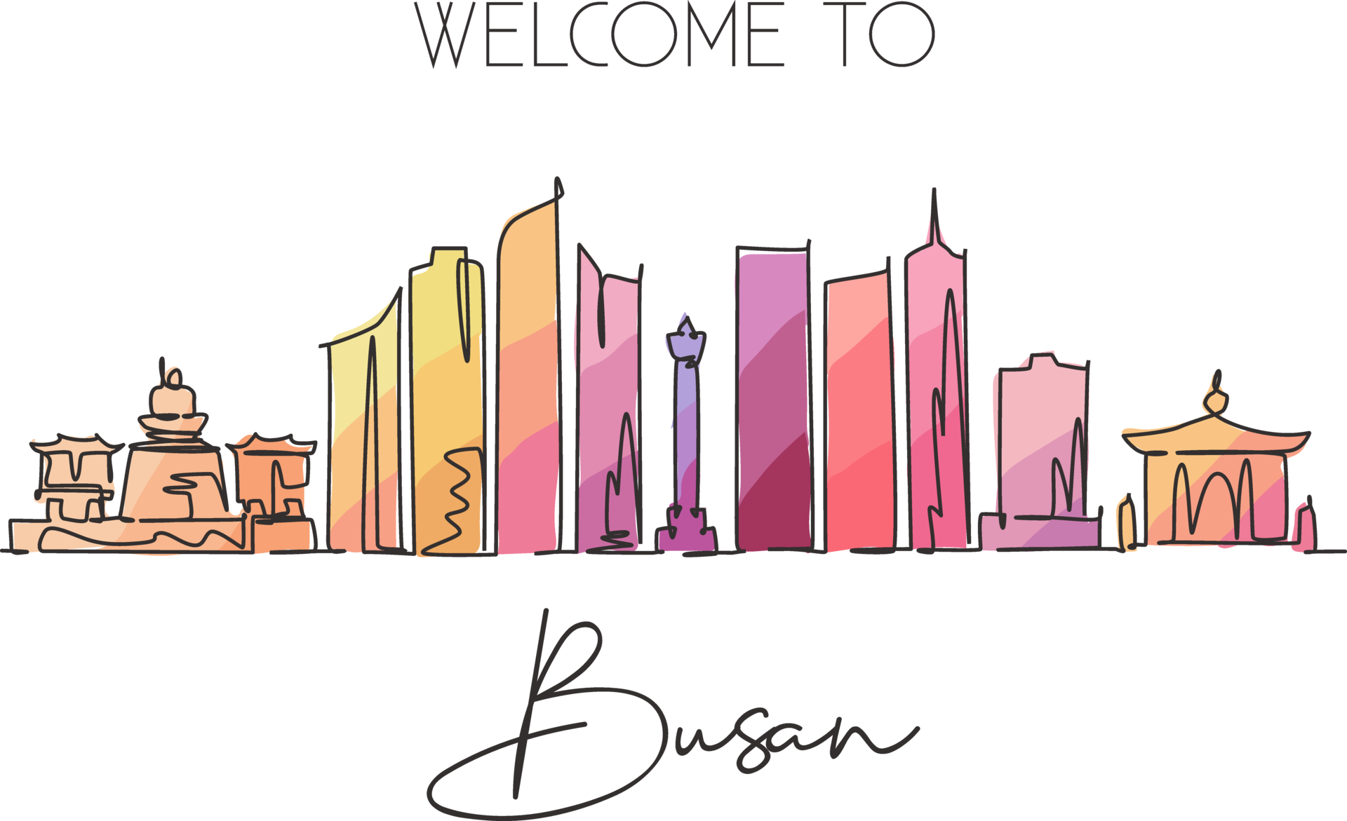 One single line drawing Busan city skyline, South Korea. World town