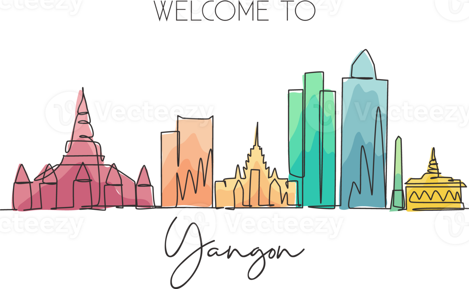One single line drawing of Yangon city skyline, Myanmar. Historical town landscape in the world. Best holiday destination poster. Editable stroke trendy continuous line draw design illustration png