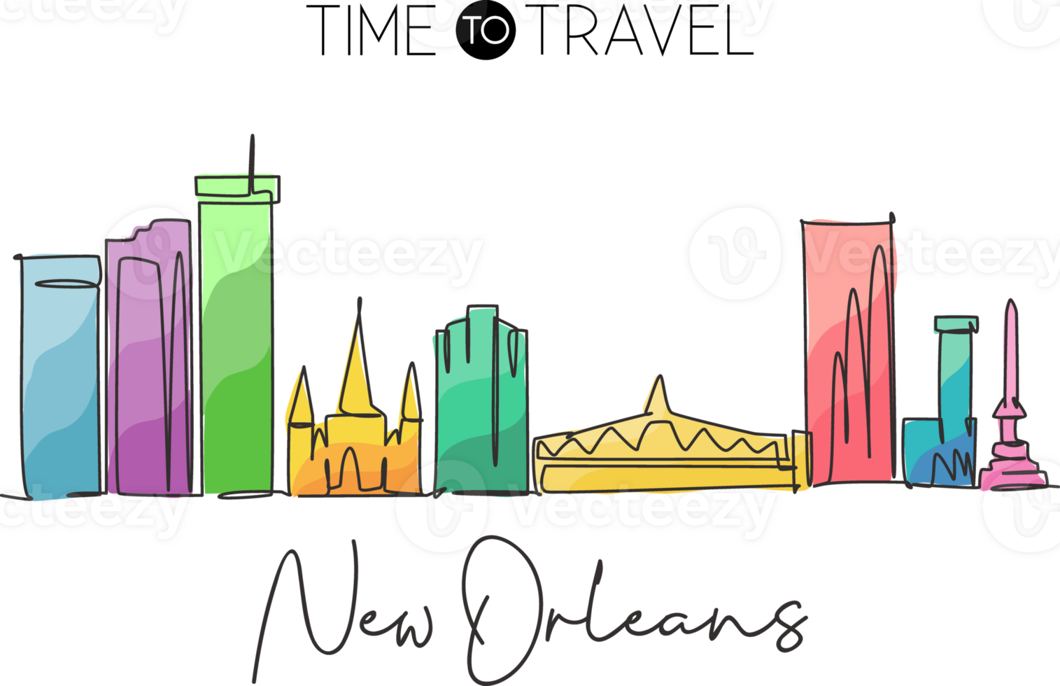 One single line drawing of New Orleans city skyline, Louisiana. Historical town landscape in the world. Best holiday destination. Editable stroke trendy continuous line draw design illustration png