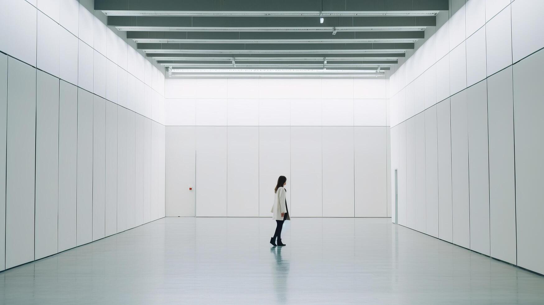 Businesswoman walking in empty exhibition hall. Illustration photo