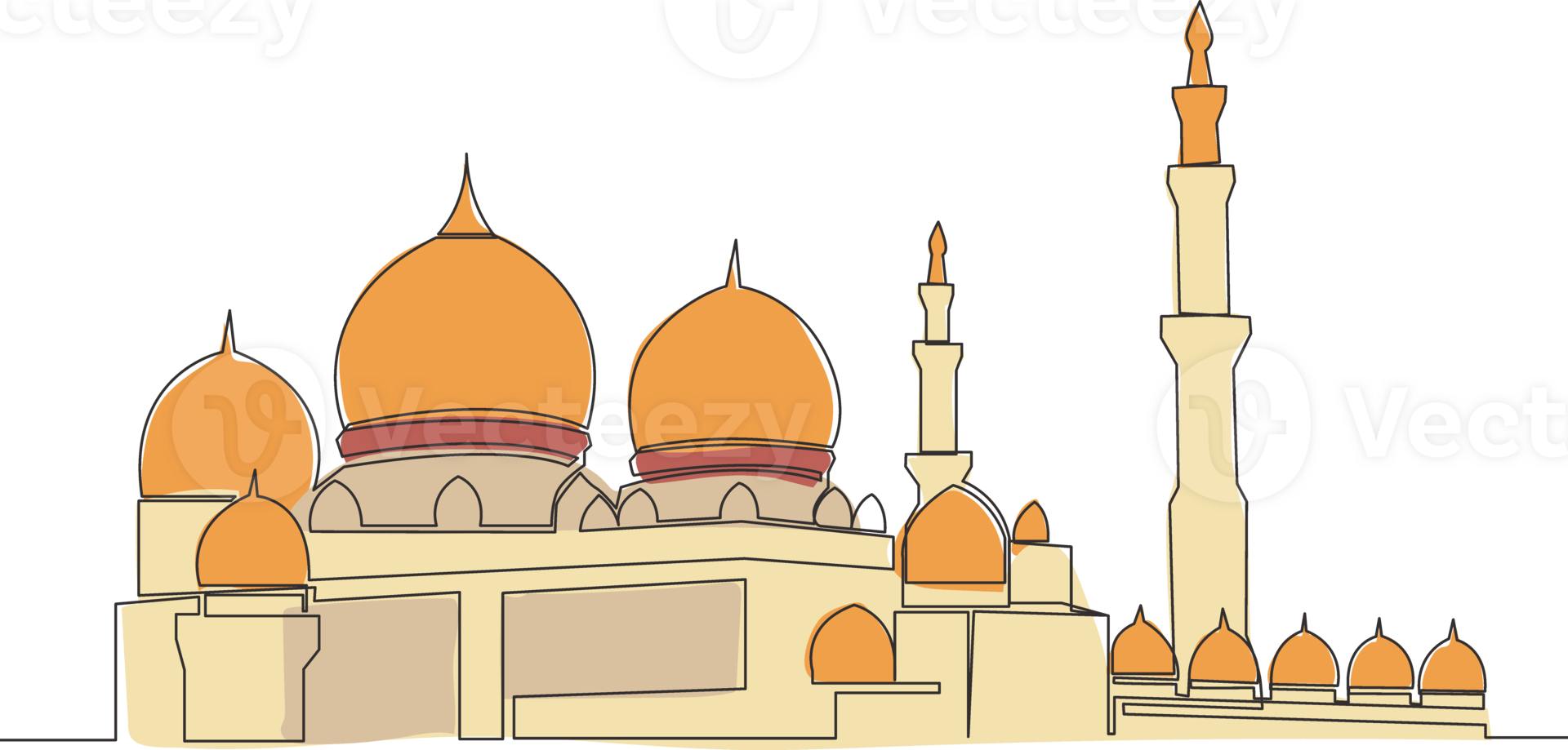 One single line drawing of Islamic historical dome landmark masjid or mosque. Holy place to prayer for Islam people concept continuous line draw design illustration png