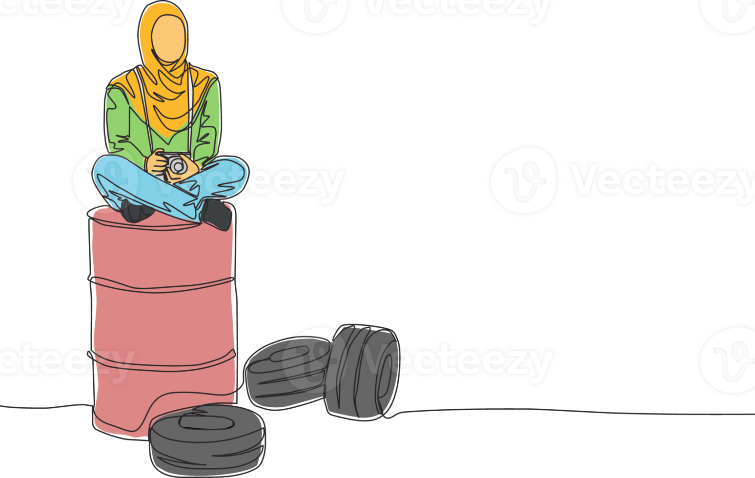 Single continuous line drawing of young beautiful muslimah siting on oil drum and hold dslr camera. Beautiful Asian woman model in trendy hijab fashion concept one line draw design illustration png