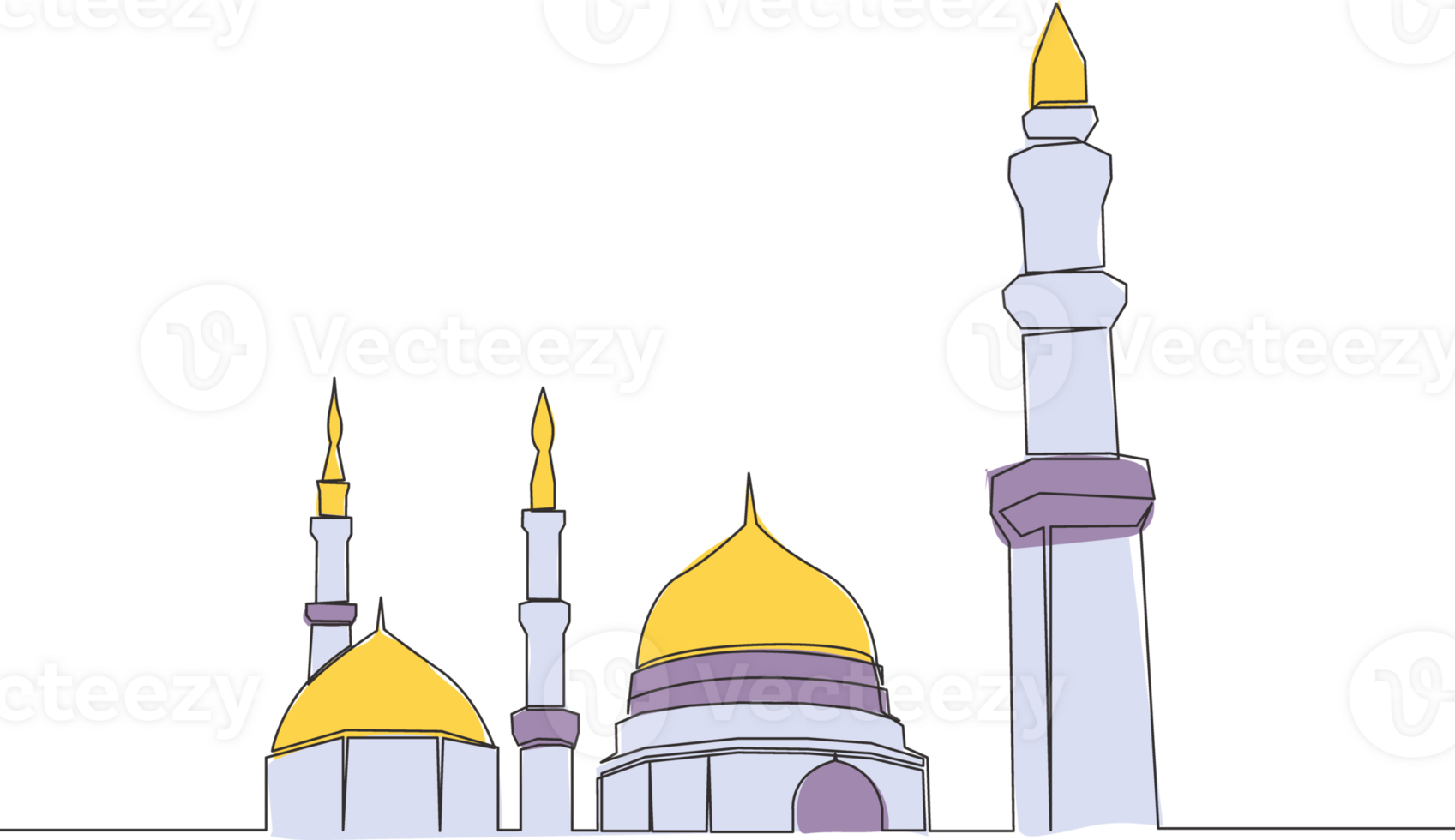 One continuous line drawing of historical landmark dome mosque or Masjid An Nabawi. Ancient building works as a place of worship for muslim person concept single line draw design illustration png