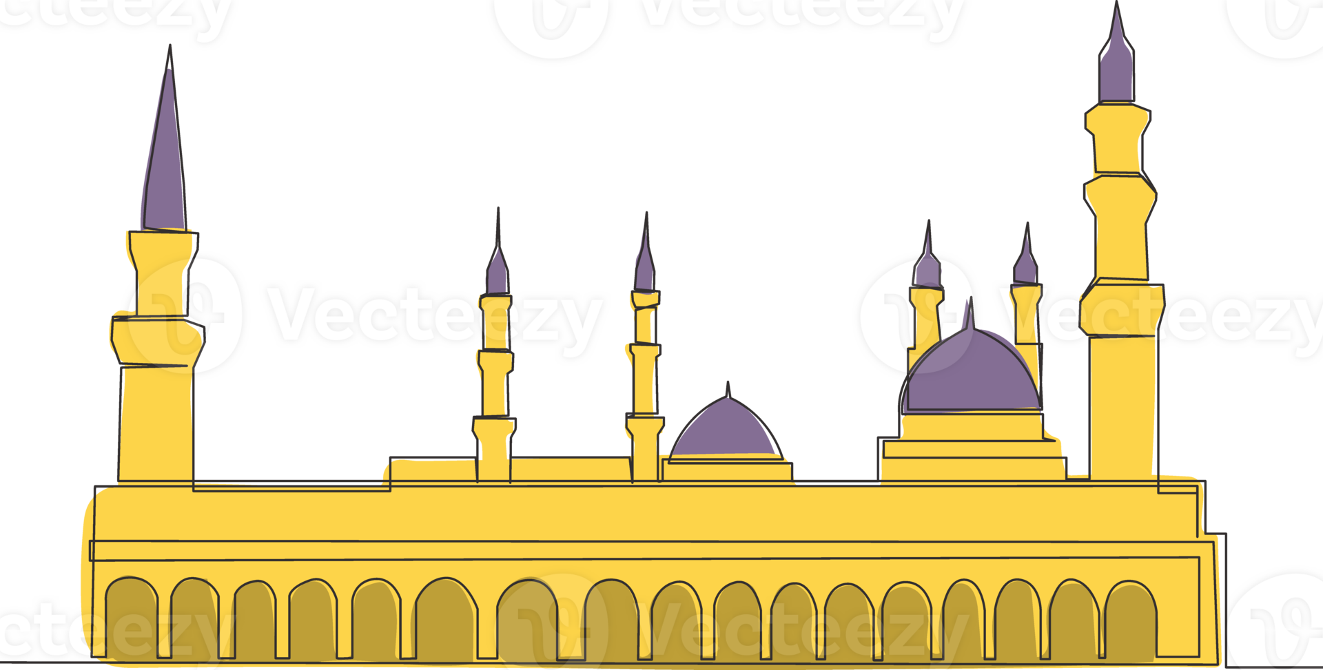 Single continuous line drawing of historical mosque or Masjid An Nabawi in Medina. Historical construction use as a place of praying for Islamic person concept one line draw design illustration png