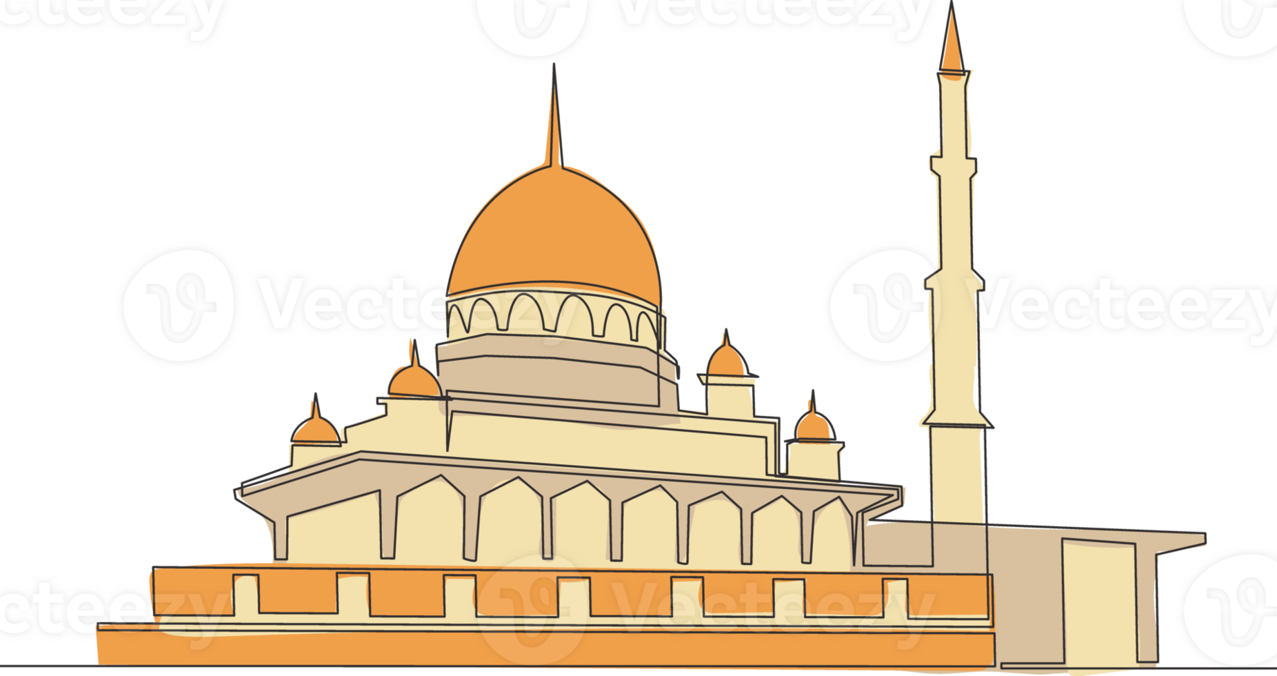 One continuous line drawing of Islamic historical landmark masjid or mosque. The ancient building that works as a place of worship for muslim person concept single line draw design illustration png